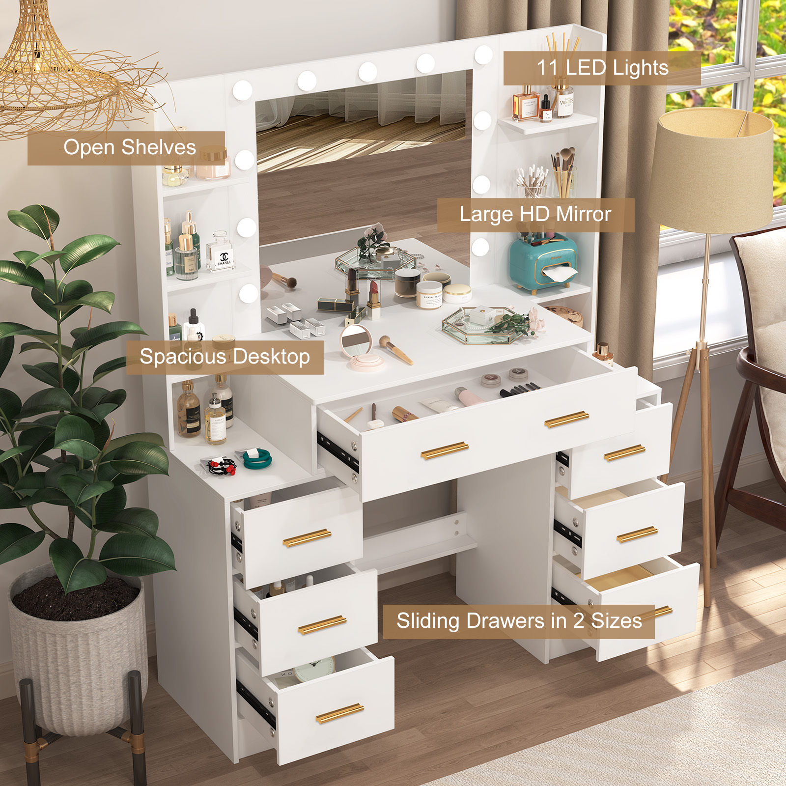NEW White Modern Vanity Set wi - Drawer Pull Gold incelemesi ve fiyatı