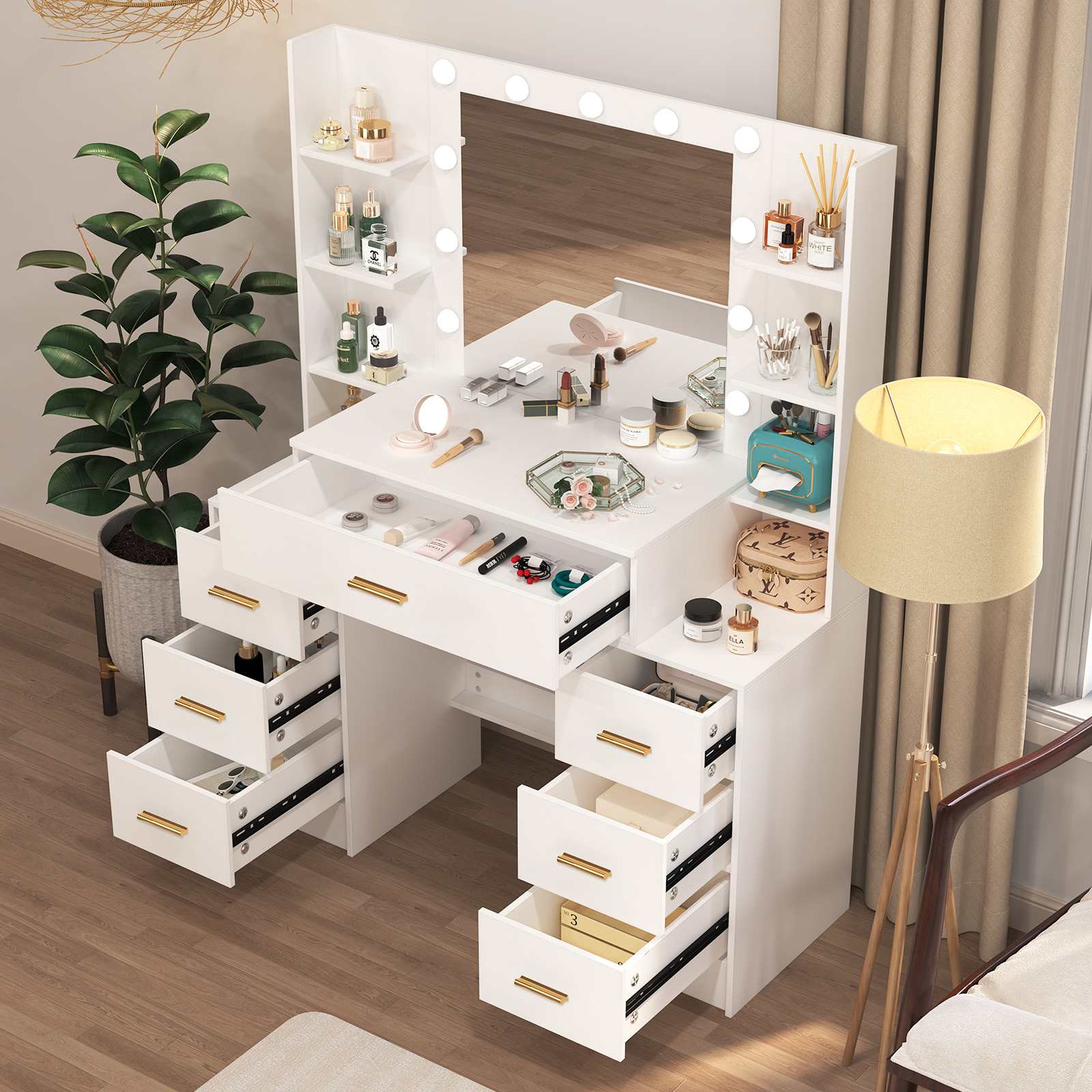 NEW White Modern Vanity Set wi - Drawer Pull Gold incelemesi ve fiyatı